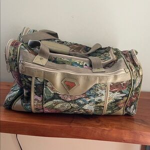 Vintage Bovano floral tapestry tan travel duffle bag